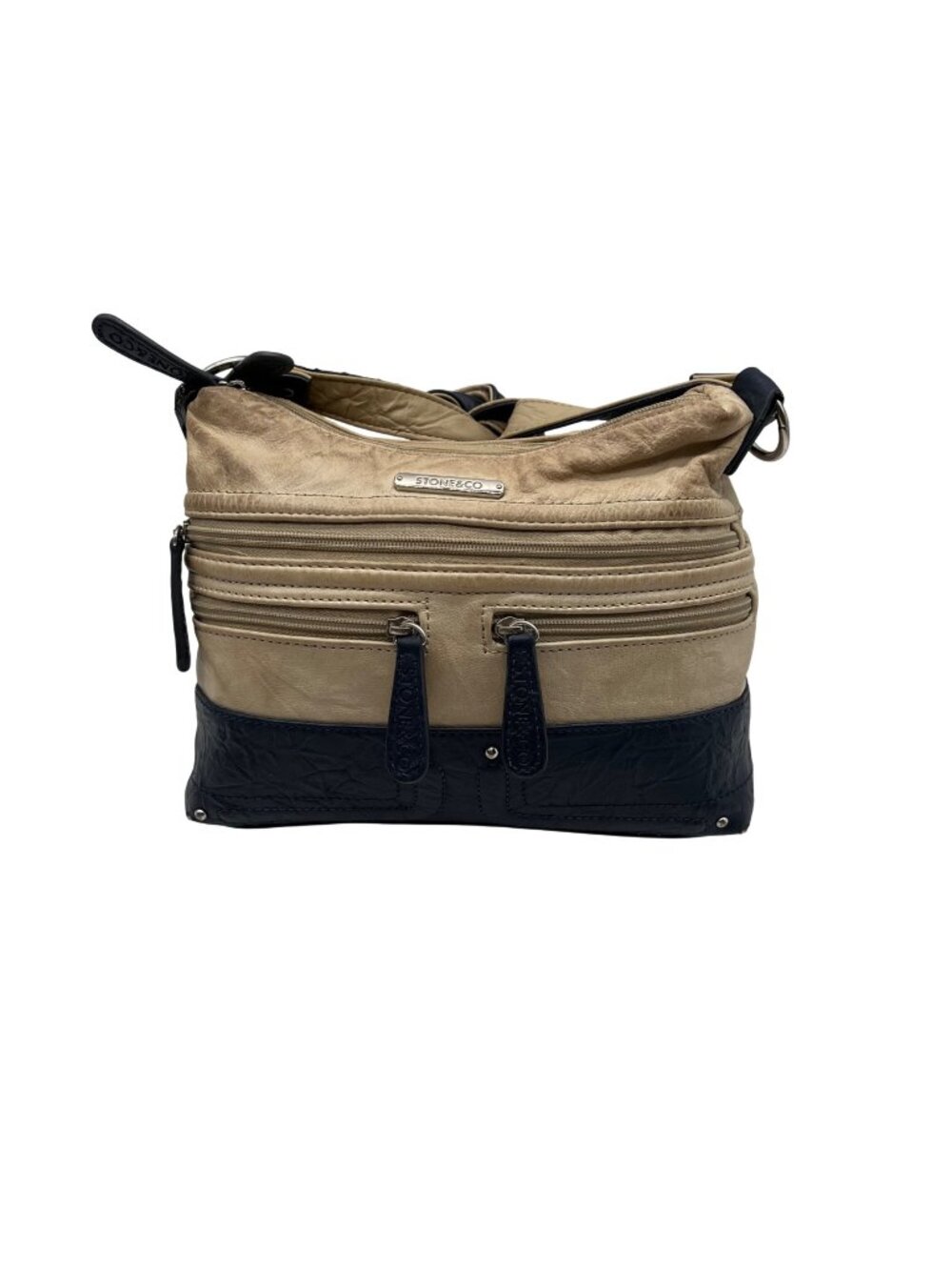 Stone Mountain Beige And Navy Blue Leather Shoulder Bag